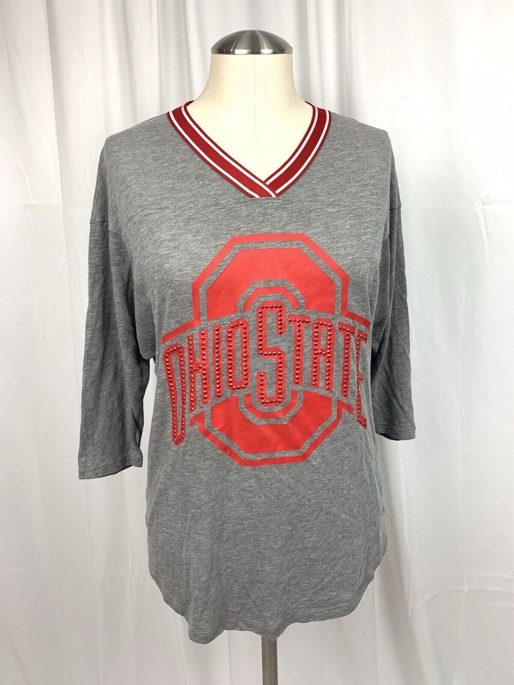 PINK Victoria’s Secret Ohio State 3/4 Sleeve V Neck T Shirt Rhinestones Size XS